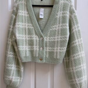 Kendall & Kylie Mint and White Plaid V-Neck Cropped Cardigan